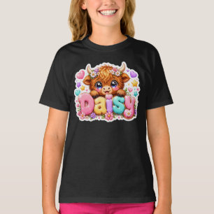 Cute Kawaii Daisy Highland Cow Name Pastel Pink Fl T-Shirt