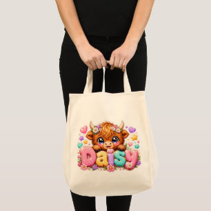 Cute Kawaii Daisy Highland Cow Name Pastel Pink Fl Tote Bag