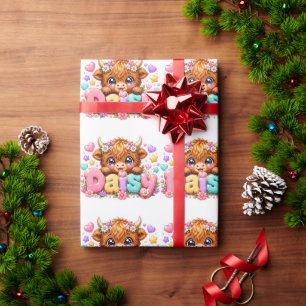 Cute Kawaii Daisy Highland Cow Name Pastel Pink Fl Wrapping Paper