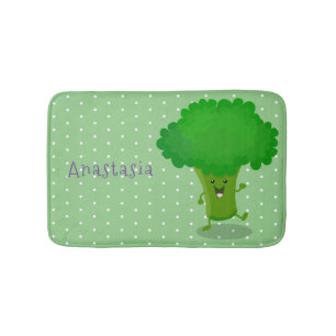 Cute kawaii dancing broccoli cartoon illustration bath mat