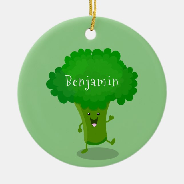 Cute kawaii dancing broccoli cartoon illustration ceramic tree decoration (Front)