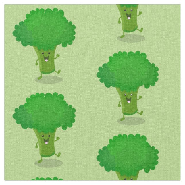 Cute kawaii dancing broccoli cartoon illustration fabric (Close Up)
