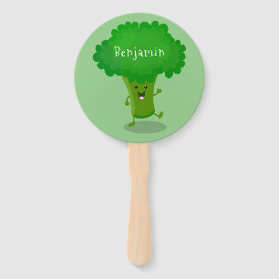 Cute kawaii dancing broccoli cartoon illustration hand fan