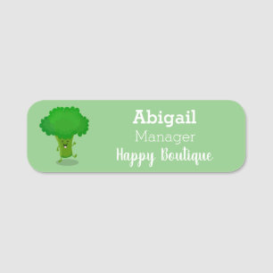 Cute kawaii dancing broccoli cartoon illustration name tag