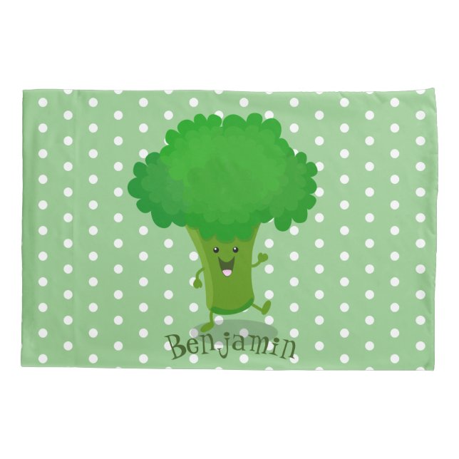 Cute kawaii dancing broccoli cartoon illustration pillowcase (Back)