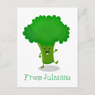 Cute kawaii dancing broccoli cartoon illustration postcard