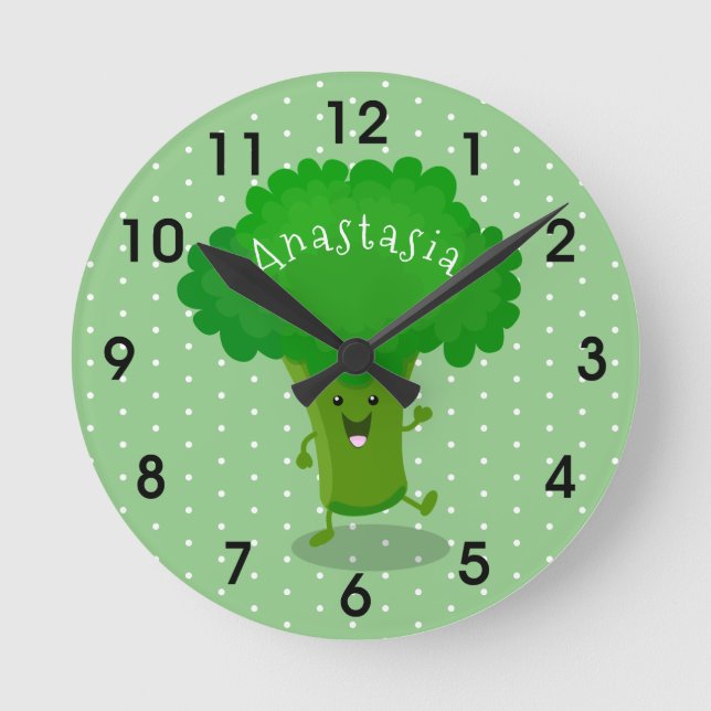 Cute kawaii dancing broccoli cartoon illustration round clock (Front)