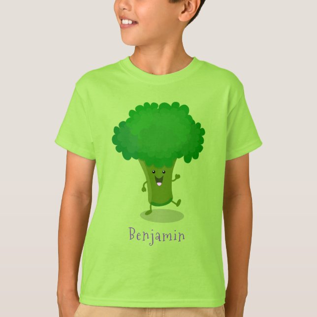 Cute kawaii dancing broccoli cartoon illustration T-Shirt (Front)