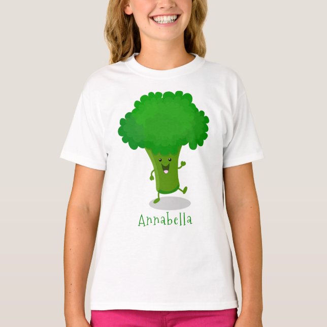Cute kawaii dancing broccoli cartoon illustration T-Shirt (Front)