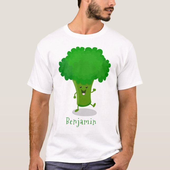 Cute kawaii dancing broccoli cartoon illustration T-Shirt (Front)