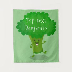Cute kawaii dancing broccoli cartoon illustration tapestry