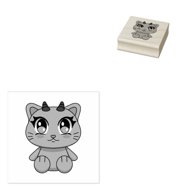 Cute Kawaii Demon Cat Rubber Stamp (Stamped)