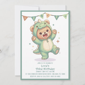 Cute Kawaii Dino Bear Party | 3rd Birthday Invitation