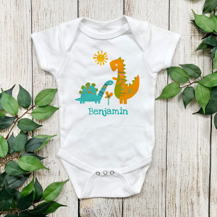 Cute Kawaii Dinosaurs Baby Boy Turquoise Name Bodysuit