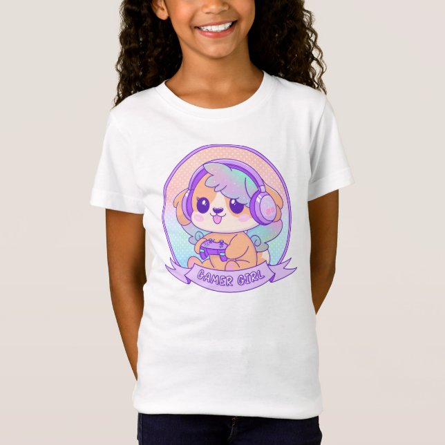 Cute Kawaii Dog with Wings Gamer Girl Gift Purple T-Shirt (Front)