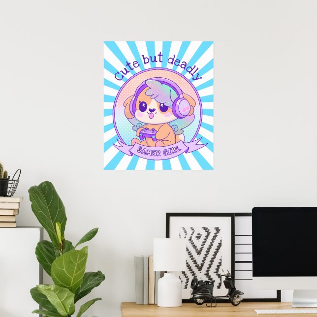 Cute Kawaii Dog with Wings Gamer Girl Starbust Blu Poster (Home Office)