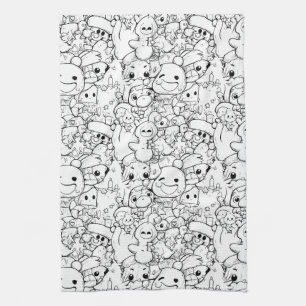 Cute Kawaii Doodle Characters (1) Tea Towel