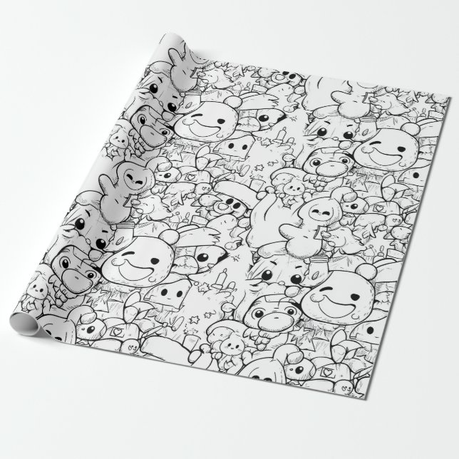Cute Kawaii Doodle Characters (1) Wrapping Paper (Unrolled)