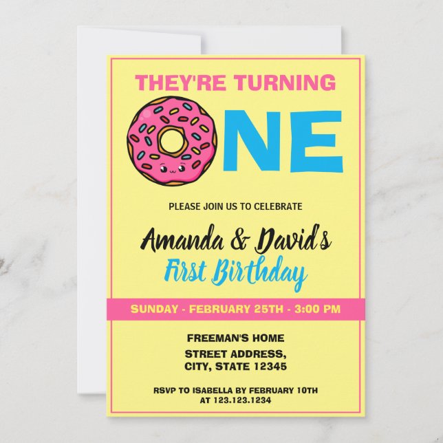 Cute Kawaii Doughnut Yellow Joint Twin 1st Birthda Invitation (Front)