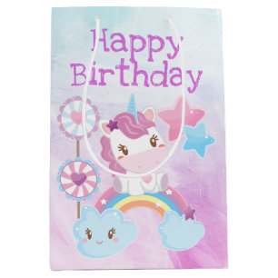 Cute Kawaii Dreamy Unicorn Rainbow Birthday Medium Gift Bag