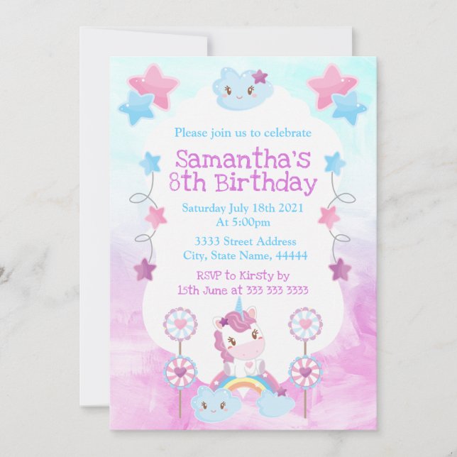 Cute Kawaii Dreamy Unicorn Rainbow Cloud Invitation (Front)