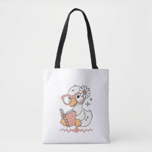 Cute Kawaii Duck Reading Book Cartoon Design Tote Bag