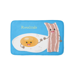 Cute kawaii egg and bacon cartoon illustration bath mat