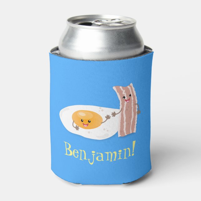 Cute kawaii egg and bacon cartoon illustration can cooler (Can Front)