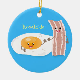 Cute kawaii egg and bacon cartoon illustration ceramic tree decoration