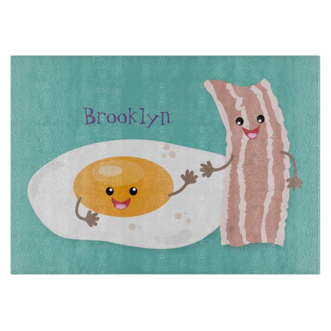 Cute kawaii egg and bacon cartoon illustration cutting board (Front)