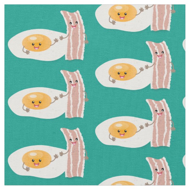 Cute kawaii egg and bacon cartoon illustration fabric (Close Up)