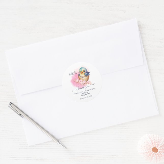 Cute Kawaii Egg Bird Elegant Floral Baby Shower Classic Round Sticker (Envelope)