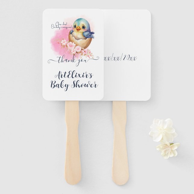 Cute Kawaii Egg Bird Elegant Floral Baby Shower Hand Fan (Front and Back)