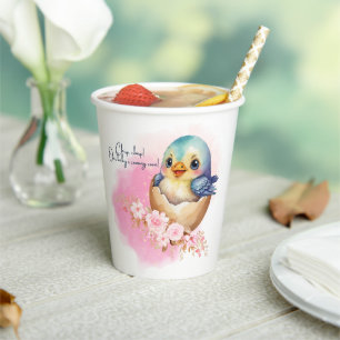 Cute Kawaii Egg Bird Elegant Floral Baby Shower Paper Cups