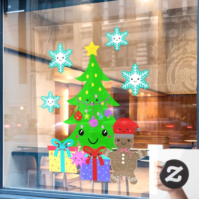 Cute Kawaii Face Christmas Tree Scene 52x72 & Down (Cafe Window)