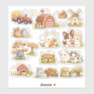 Cute Kawaii Farm Animals Red Barn Windmill Tractor