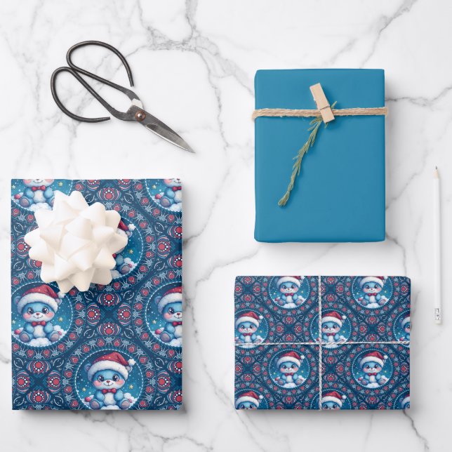 Cute Kawaii Festive Bear Mandala Geo Diamond Tile Wrapping Paper Sheet (Front)