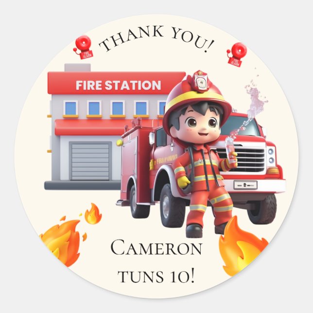 Cute Kawaii Firefighter Boy Fire Truck Thank You Classic Round Sticker (Front)