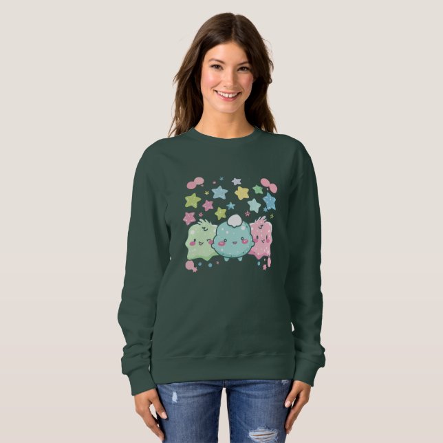 Cute Kawaii Fluffy Friends Deep Forest Green  Sweatshirt (Front Full)