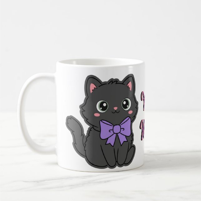 Cute Kawaii Fluffy Grey Cat Large Purple Bow Mug (Left)