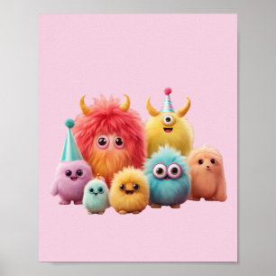 Cute Kawaii Fluffy Monster Friends Wall Art Colo