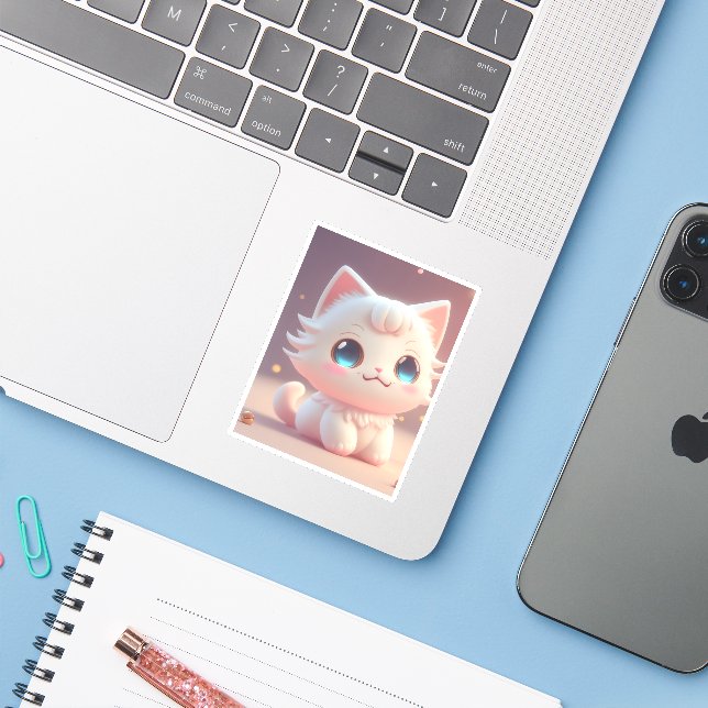 Cute Kawaii Fluffy White Cat (Laptop w/ iPhone)
