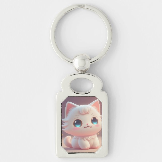 Cute Kawaii Fluffy White Cat Key Ring (Front)