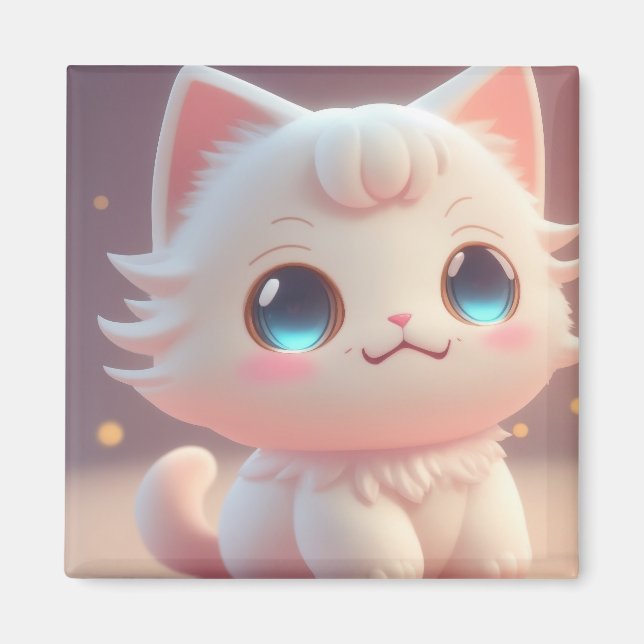 Cute Kawaii Fluffy White Cat Magnet (Front)