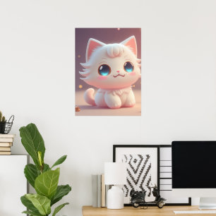Cute Kawaii Fluffy White Cat Poster