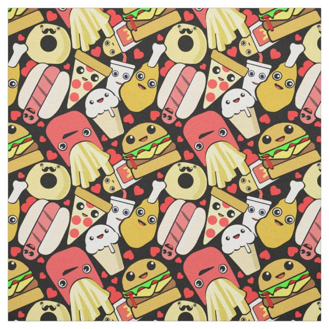 Cute Kawaii Food Patterned Black Fabric (Swatch)