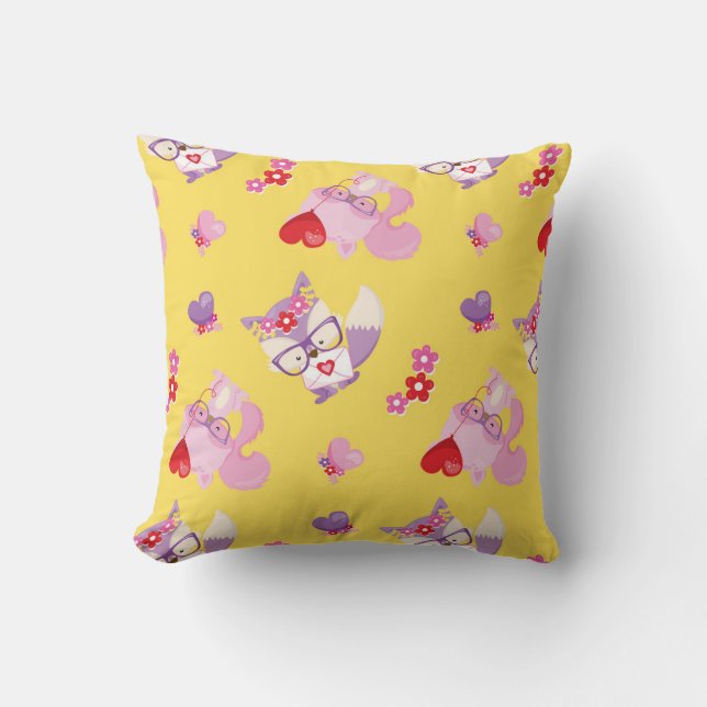 Cute Kawaii Fox Boho Valentine Foxes Yellow Cushion (Front)
