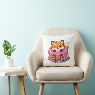 Cute Kawaii Fox Doughnut Worry Funny Food Pun Cushion