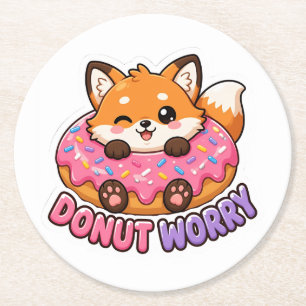 Cute Kawaii Fox Doughnut Worry Funny Food Pun Round Paper Coaster