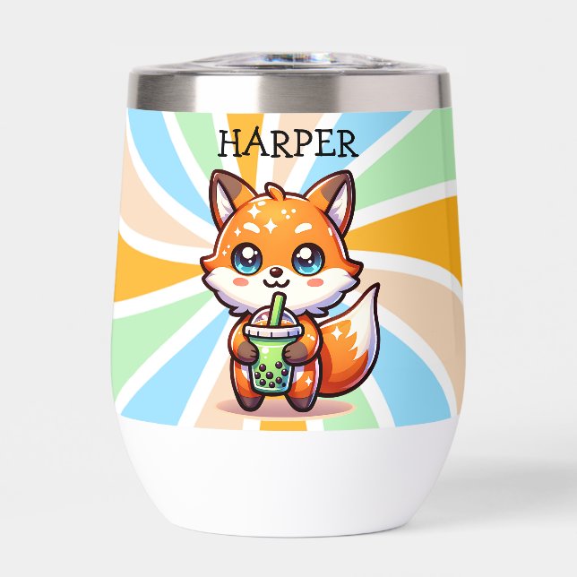 Cute Kawaii Fox with Bubble Tea Personalised (Front)